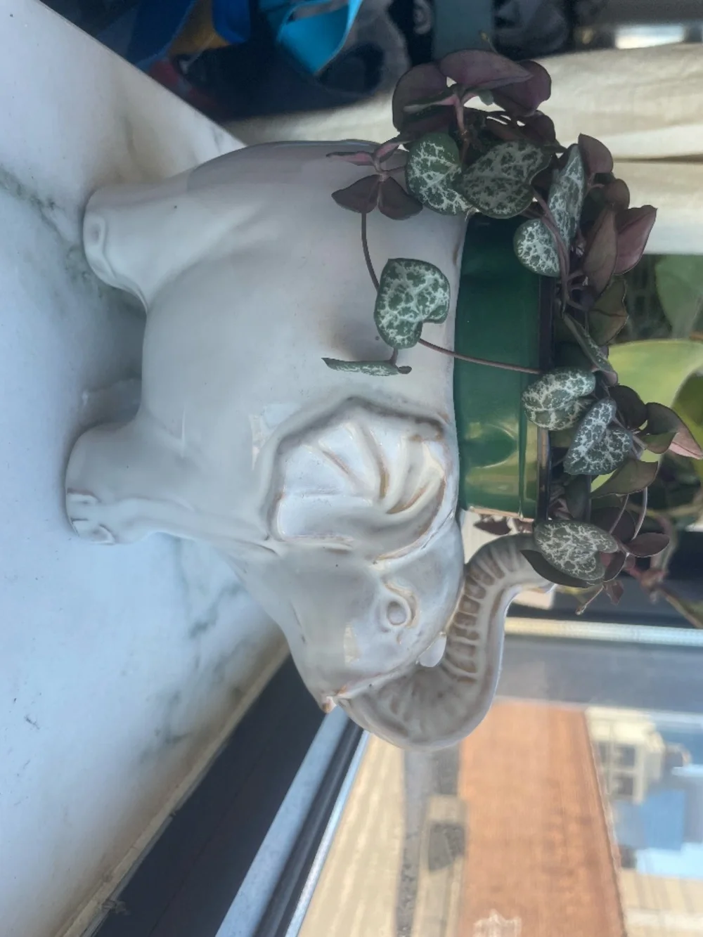 McCoy USA Antique Elephant Texted Green Planter With Dish Vase Flower Pot